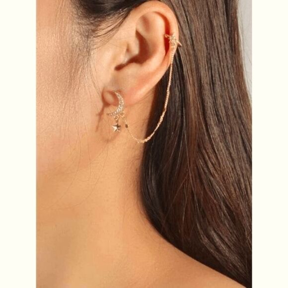GOLD DIAMOND CRESCENT MOON STAR EARRING AND CHAIN EAR CUFF - Picture 2 of 4